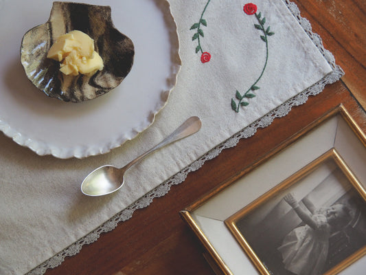 Hand-Embroidered Rose Placemat with Linen Lace